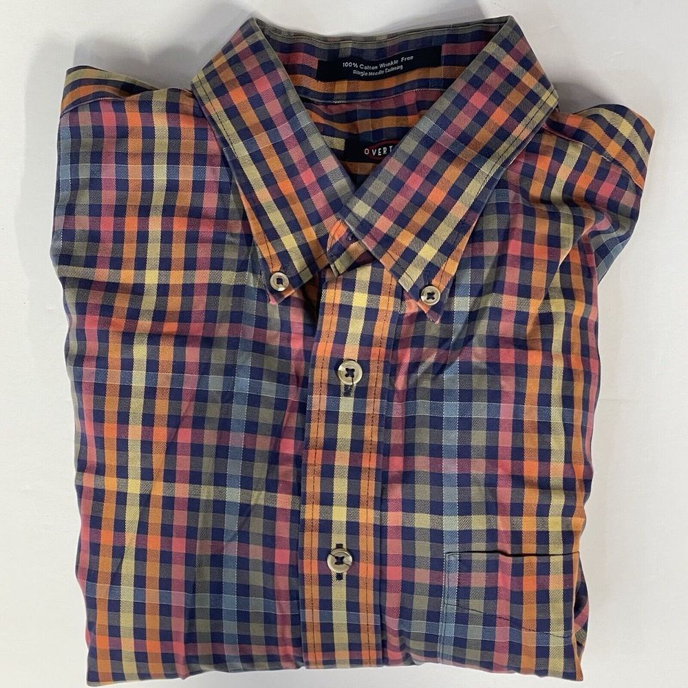 OVERTON Mens Classic‎ Fit Plaid Rainbow Shirt Size L 100% Cotton Wrinkle Free
